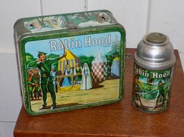 Vintage 1956 Robin Hood Metal Lunchbox and Thermos - $1,816.58 MXN