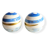 Pier 1 Decorative Sphere Balls 2 Piece Set Blue Cream Gold Stars Glazed Glossy - £15.56 GBP