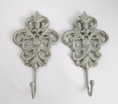 Set 2 Wall Hook Filigree Cast Iron Hanger Distressed Blue Farmhouse Decor 8&quot; - £19.40 GBP