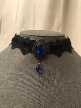 Victorian Gothic Black Velvet Choker Blue Crystal Pendant Antique - £12.57 GBP