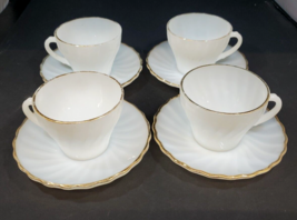 1950s Set of 4 Fire King Gold Trim White Milk Glass Swirl Teacup Set Scalloped - £23.34 GBP