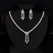 Trendy Luxury Tassels Drop Necklace Earrings Jewelry Set for Women Wedding &amp; Eng - £57.19 GBP