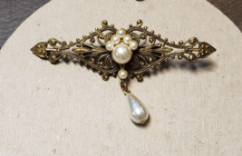 Vintage Victorian Style Filigree &amp; Pearls Pearl Drop Brooch Gilded Brass... - $27.69