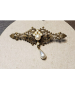 Vintage Victorian Style Filigree &amp; Pearls Pearl Drop Brooch Gilded Brass... - $27.69