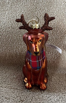 Sitting Golden Retriever Dog with Reindeer Antlers Glass Christmas Ornament New - £17.29 GBP