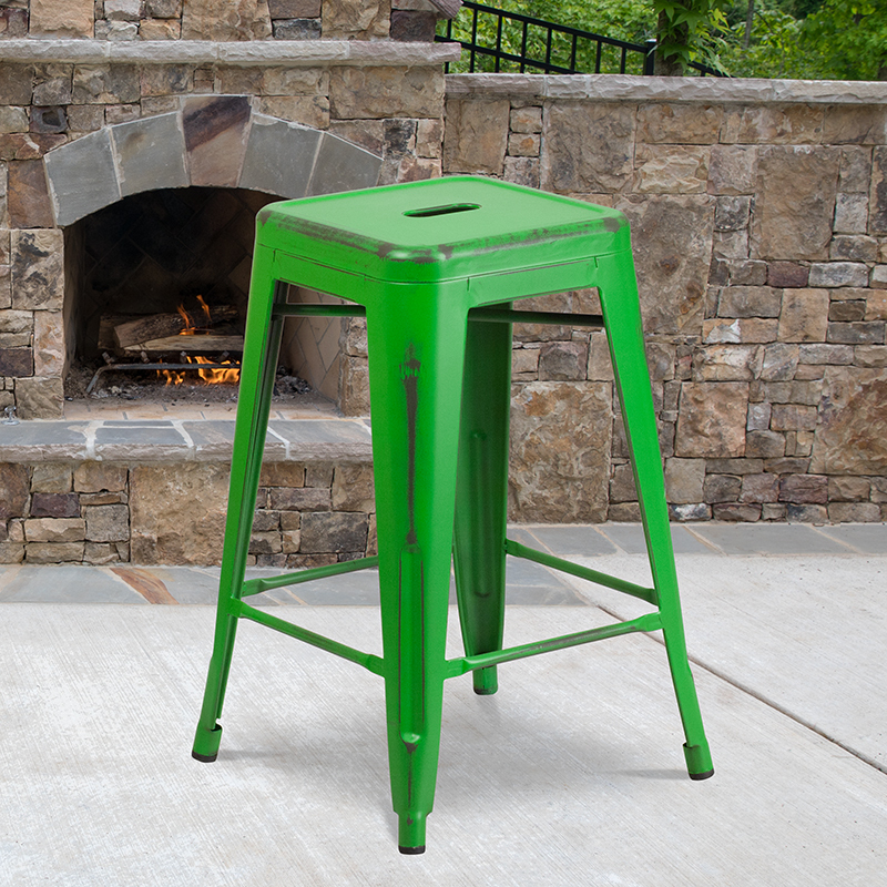 Distressed Green Metal Stool ET-BT3503-24-GN-GG
