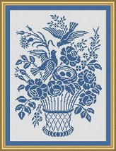  Monochrome Vintage Floral Basket with Birds Nest Eggs Cross Stitch Pattern PDF - £3.12 GBP