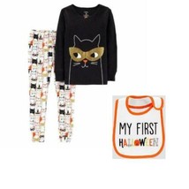 Halloween Pajamas Girls Carters 2 Pc Black Cat Shirt, Pants &amp; Bib-sz 18 mths - £15.66 GBP