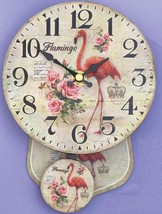 Plastic With Pendulum Wall Clock, 5.5&quot;Dia., Flamingo &amp; Flowers Postcard, Clever - £17.50 GBP