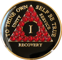 1 Year AA Medallion Siam Red Swarovski Crystal Black Tri-Plate Sobriety ... - £18.01 GBP