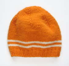 orange merino wool women beanie with cream white stripes, eco-friendly - £16.67 GBP+