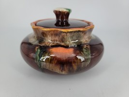 Art Pottery Covered Pot/Candy Dish Brown with Multicolor Drip Glaze Mark... - £11.73 GBP