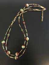 Vintage Double Strand Green Bronze &amp; White Crackle Plastic &amp; Goldtone Colored  - £11.16 GBP