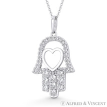 Hamsa Hand &amp; Heart CZ Crystal Evil Eye Kabbalah Charm Pendant in 14k White Gold - £98.73 GBP+