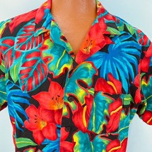 Fashion Seal Aloha Hawaiian XL Shirt Floral Leaves Iris Tropical Print Red Blue - £35.96 GBP