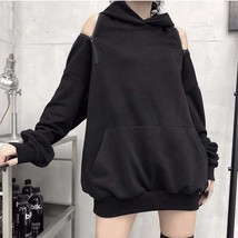 QWEEK 2022 Fahsion Black Off- Hoodies Women Korean Style Streetwear Hooded Sweat - £53.80 GBP