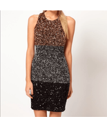 French Connection Sequin Cocktail Dress Metallic Colorblock Stripe Gold ... - $769.57 MXN