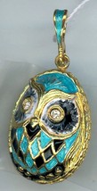 Russian Faux Silver Egg Pendant, an Owl, lt. blue, black and gold, crystal eyes - £46.62 GBP