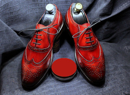 Hand stitch Custom Handmade Bespoke Patina Brogue Shoes Wing tip Maroon Leather - £110.60 GBP
