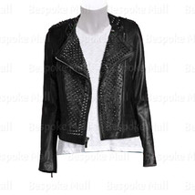 New Women Brando Black Metallic Tonal Studded Cowhide Belted Leather Jacket-108 - £255.78 GBP