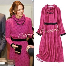 Royal Fashion Inspired Pink Slim-Fit Ruffled Neck Polka Dot Midi Sheath ... - $114.99