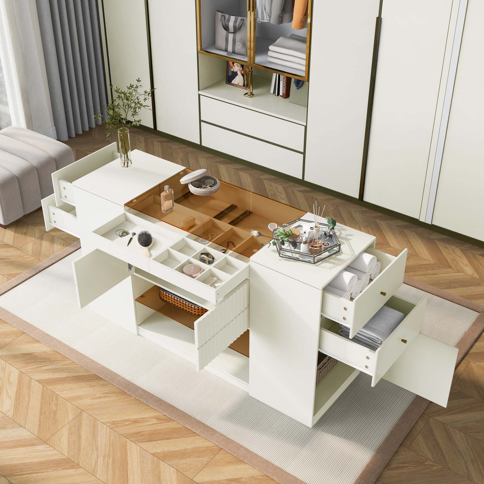 Modern Luxury Island Vanity Dresser Storage Cabinet Glass Top 6 Drawers Item image 4