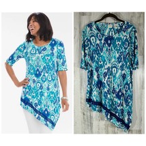 Chicos Tunic Shirt Asymmetrical Crochet Hem Ikat Blue Multi Size 1 Medium - £12.52 GBP