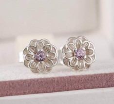 S925 Sterling Silver Blooming Dahlia With Enamel and Crystal Stud Earrings - £12.43 GBP
