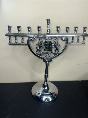 Chromium Hanukkah Menorah Cromwell Silver Corp Lions of Judah Torah Tablets - £64.03 GBP