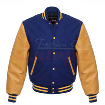 Varsity Royal Blue Letterman Men Wool Jacket w/ yellow Real Leather Sleeves - £67.14 GBP