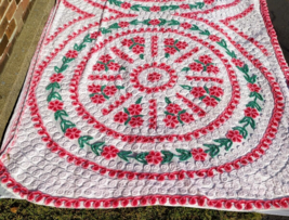 1950s Full Size Chenille Bedspread Pink Red Green Flowers Medallion 90x101 Plush - £237.35 GBP