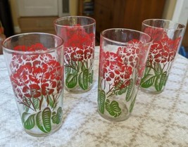 Vintage Federal Glass Drinking Glasses/Tumblers with Red Flowers Set Of 4 - £13.82 GBP