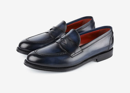 men&#39;s Handmade Blue leather penny loafers custom leather slip on shoes for men - £135.09 GBP