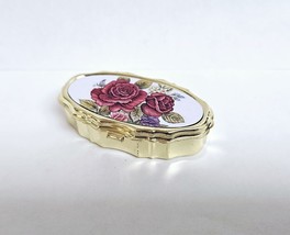 Vintage Mini Sewing Kit Gold Tone Roses Hinged Lid Pillbox or Trinket Box New - £11.86 GBP