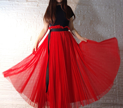 RED Pleated Long Tulle Skirt Outfit Women Plus Size Pleated Tulle Skirt image 4