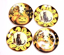 Mr. Christmas Halloween Vintage Look 8&quot; Ceramic Plates - Black Cat &amp; Pumpkin Man - £23.54 GBP