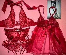 Victoria&#39;s Secret M-DD 36DD/34DDD BRA SET+garter+BABYDOLL RED HEART embr... - £133.05 GBP