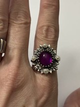 Vintage Sarah Cov Faux Amethyst Pearl Ring Silver Tone Size 8 Adjustable - £14.70 GBP
