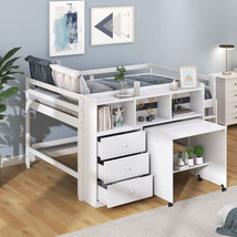 Full Size Low Loft Bed with Rolling Portable Desk, Drawers and Shelves, ... - £447.02 GBP