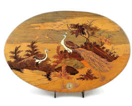 Peacocks mid century inlaid wood marquetry art wood inlay Indian wall ha... - $144.58