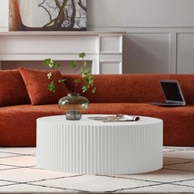 Contemporary Round Coffee Table with Handcrafted Relief, φ35.43inch, Whtie - £420.01 GBP