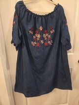 J GEE Dress Sz 2x Blue Chambray Embroidered Puff Sleeve Boho Western Fes... - $23.76