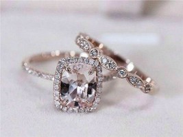 1.80Ct Cushion Cut Peach Morganite 14k Rose Gold Over Bridal Engagement Ring Set - £78.81 GBP