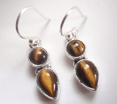 Small Tiger Eye 2-Gem Teardrop and Round 925 Sterling Silver Dangle Earrings - £9.98 GBP