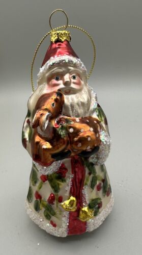 Primary image for Ornament Christmas Glass Santa Claus Holding Fawn Sash Bells Mistletoe Coat 6.5"