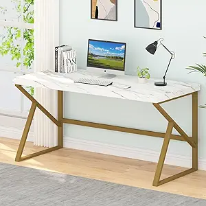 White Faux Marble And Gold Desk, Modern Home Office Executive Pc Laptop ... - $296.99