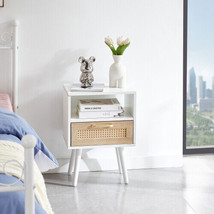 15.75&quot; Rattan End Table With Drawer And Solid Wood Legs, Modern Nightstand White - £74.93 GBP