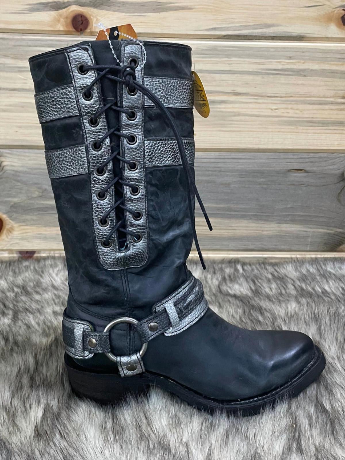 Corral leather & side laces harness round toe boots in Black