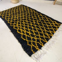 Rug Black Azilal Moroccan Rug, Orange Beni Ourain Handmade Shag Fluffy Wool Rug - £157.48 GBP