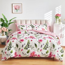 Floral Comforter Sheet Set 7 Pieces Bed In A Bag Queen Size White With Green Lea - £80.65 GBP